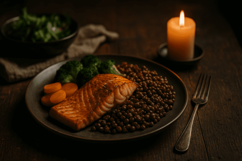 A photorealistic image of a diabetic-friendly dinner featuring grilled salmon, lentils, and steamed broccoli on a rustic table, softly illuminated by moody candlelight. The scene evokes warmth and mindfulness, reinforcing how the best dinner for diabetics can be both nourishing and aesthetically fulfilling.