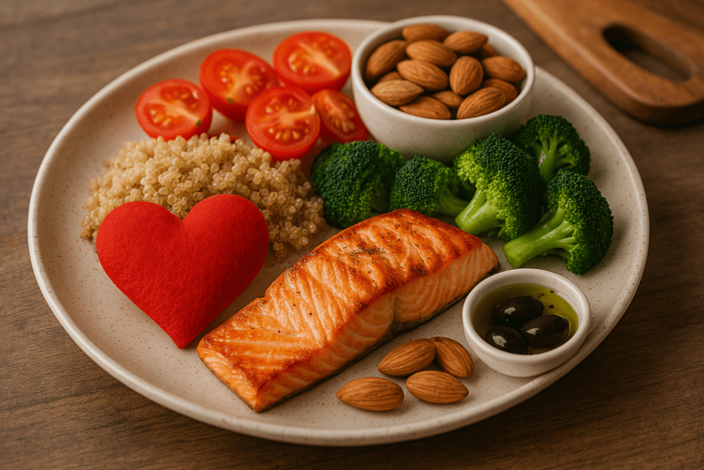A photorealistic image of a heart-healthy diabetic meal featuring grilled salmon, quinoa, broccoli, cherry tomatoes, and almonds on a ceramic plate with a red felt heart. The soft natural lighting and balanced composition symbolize the connection between diabetic-friendly foods and cardiovascular health.