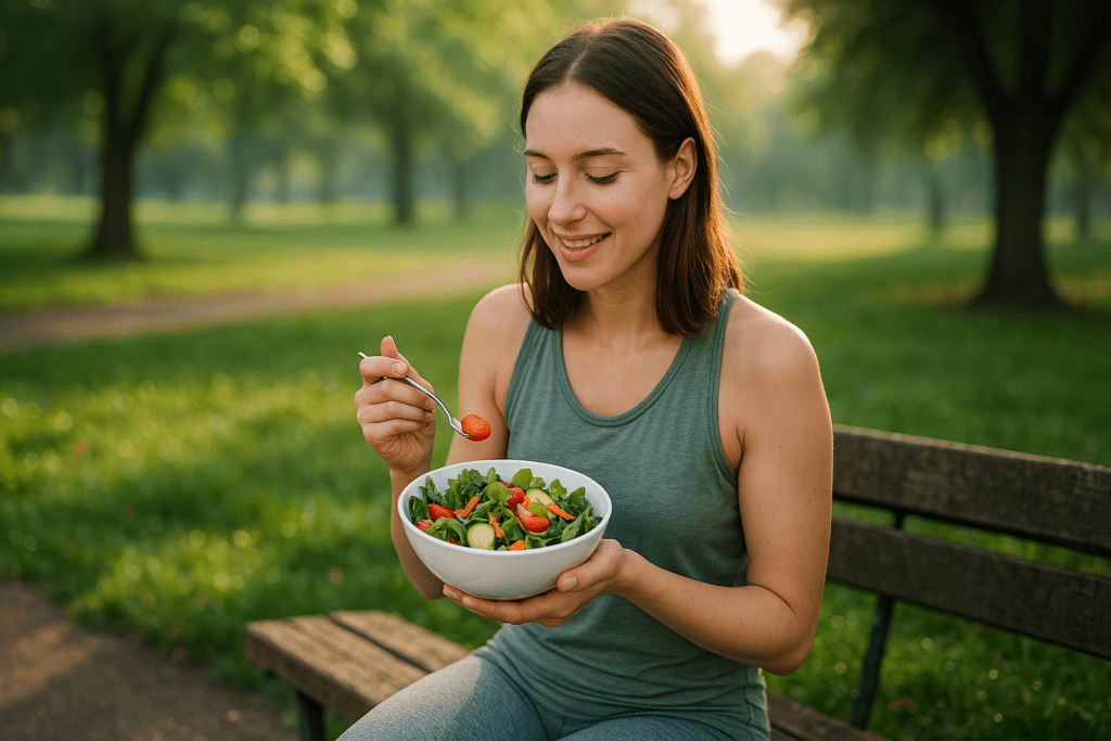 A photorealistic image shows a young woman with light skin and shoulder-length brown hair sitting on a bench in a sun-dappled park, peacefully enjoying a colorful salad. The soft natural morning light and vibrant greenery evoke a sense of calm and wellness, visually reinforcing the theme of natural weight loss through healthy, balanced eating habits.