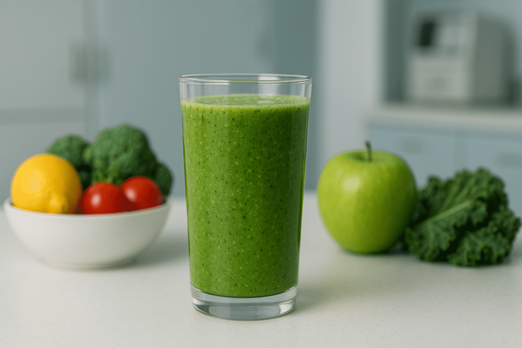 A close-up digital photograph features a glass of vibrant green smoothie on a spotless white countertop, surrounded by fresh ingredients like kale, tomatoes, and green apples. Set in a modern kitchen with cool clinical lighting, the clean composition emphasizes the smoothie’s freshness and supports the theme of natural weight loss through nutrient-dense, fat-burning foods.