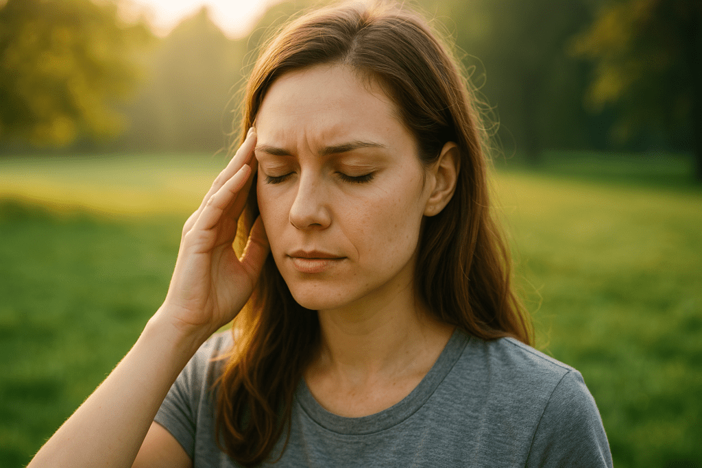 A young woman stands in a quiet park during early morning, eyes closed and touching her temple, bathed in soft natural sunlight. This serene scene visually symbolizes how ketosis can promote calm focus and cognitive clarity in a peaceful, outdoor setting.