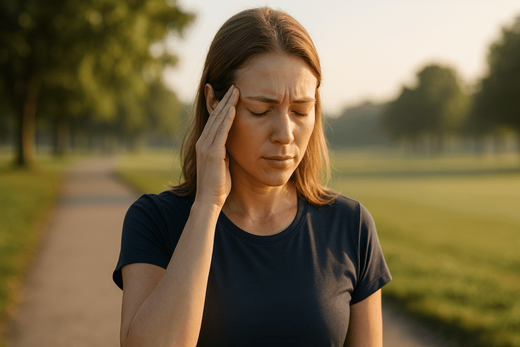 A young woman with light brown hair stands pensively in a sunlit park during early morning, gently touching her temple as she contemplates. The soft natural lighting and lush green background underscore the theme of optimizing brain health and highlight the role of glucose as the brain’s primary energy source.