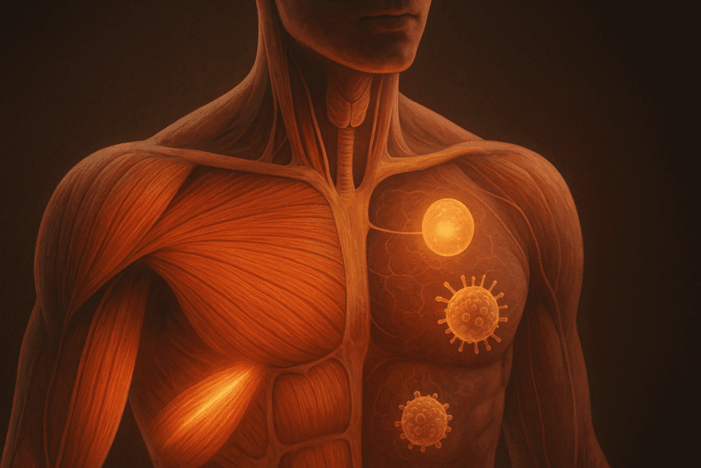Close-up artistic diagram of muscle fibers and immune cells showing how protein and energy are connected through cellular functions.