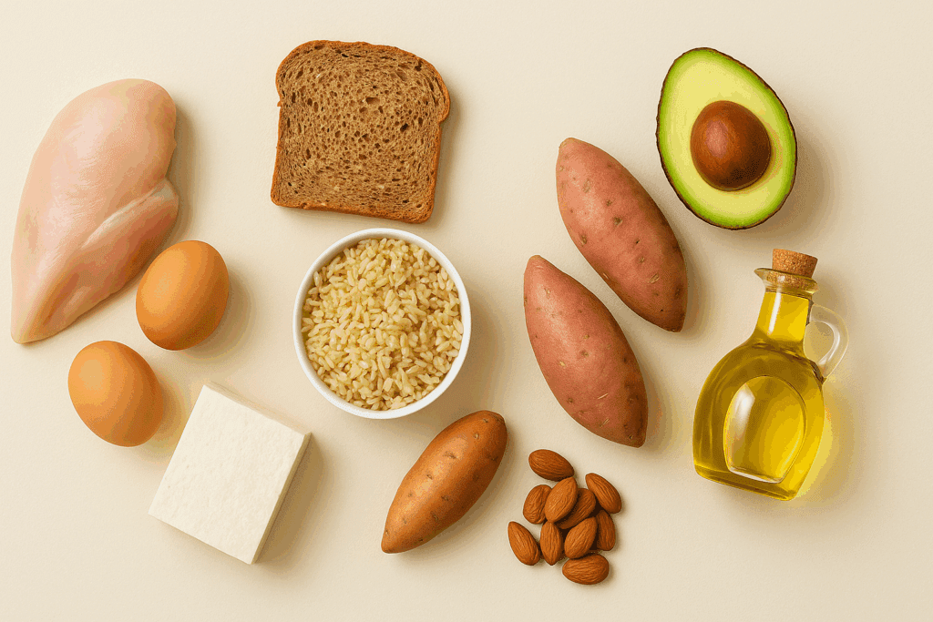 Colorful spread of fruits, vegetables, grains, and proteins arranged to represent obtaining the food necessary for health and growth.