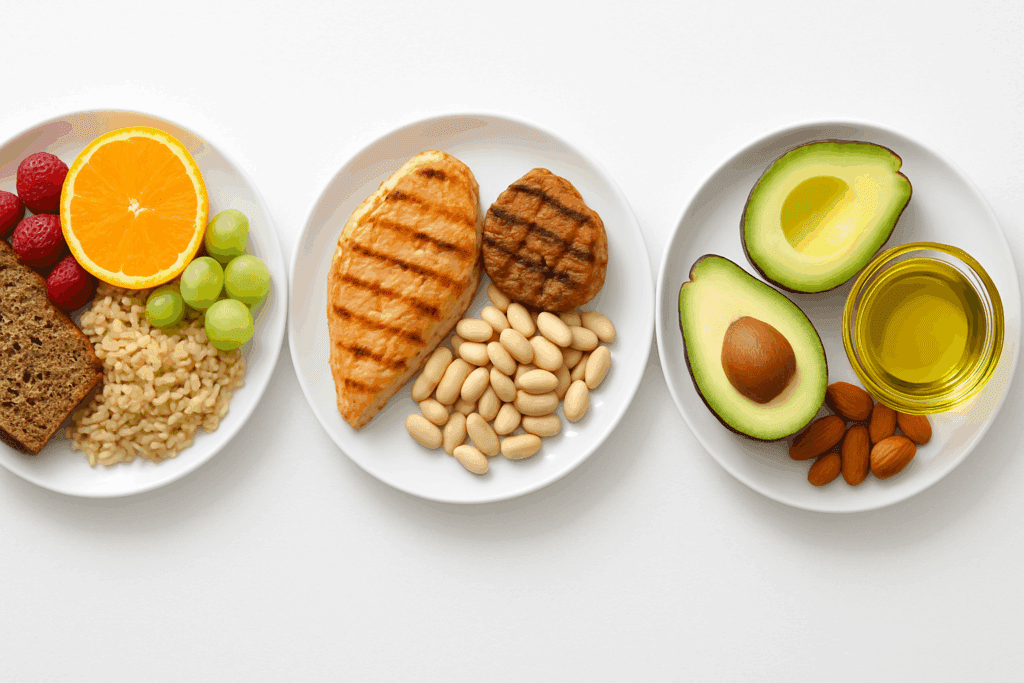 Balanced plate with proteins, carbs, and fats arranged neatly, illustrating how to use the word "macronutrient" in a sentence.