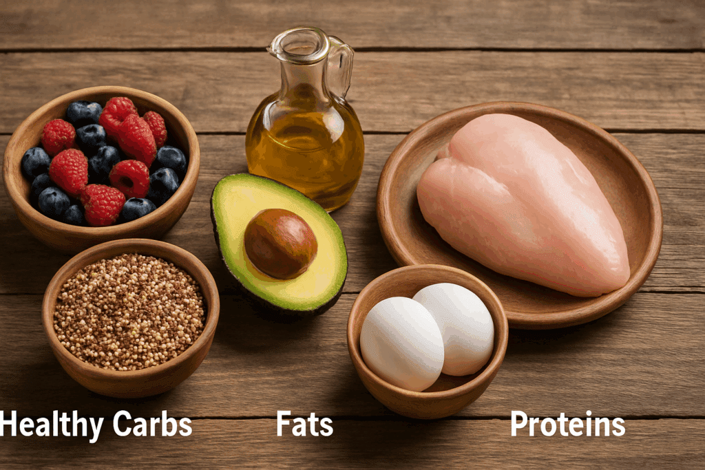 Healthy foods like salmon, avocado, and vegetables arranged next to a digital low carb macro calculator for personalized nutrition tracking