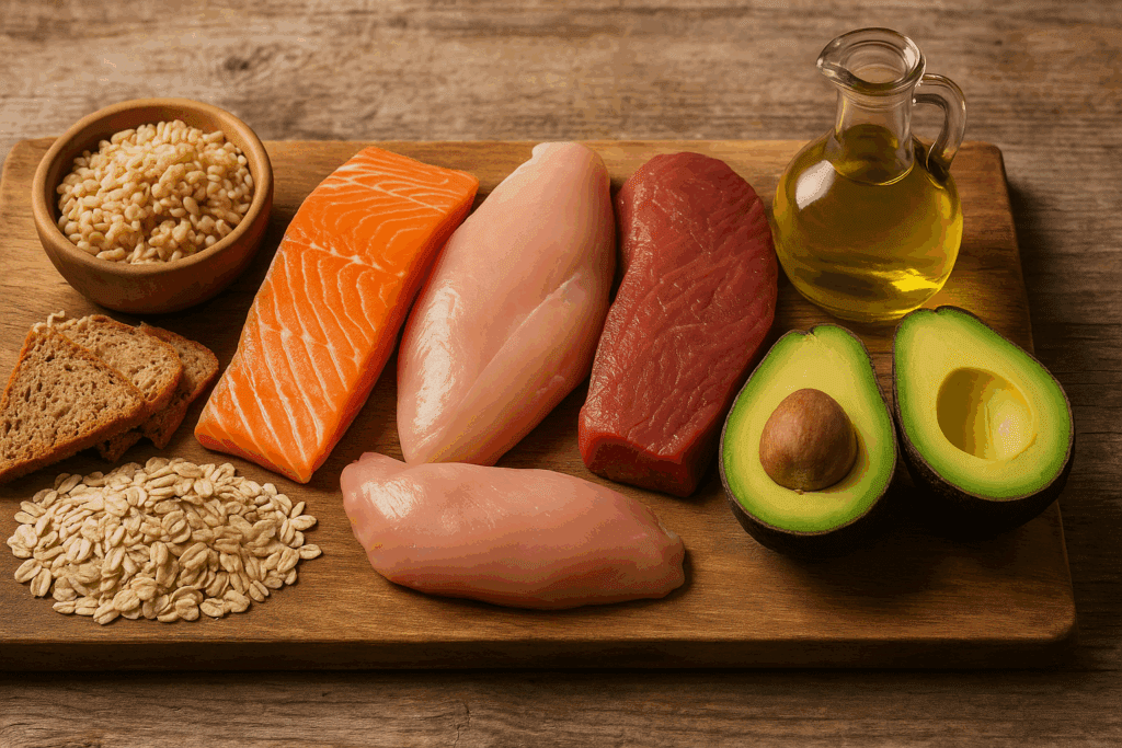 Colorful assortment of fruits, vegetables, grains, and fish highlighting why is it important to eat your nutrients daily.