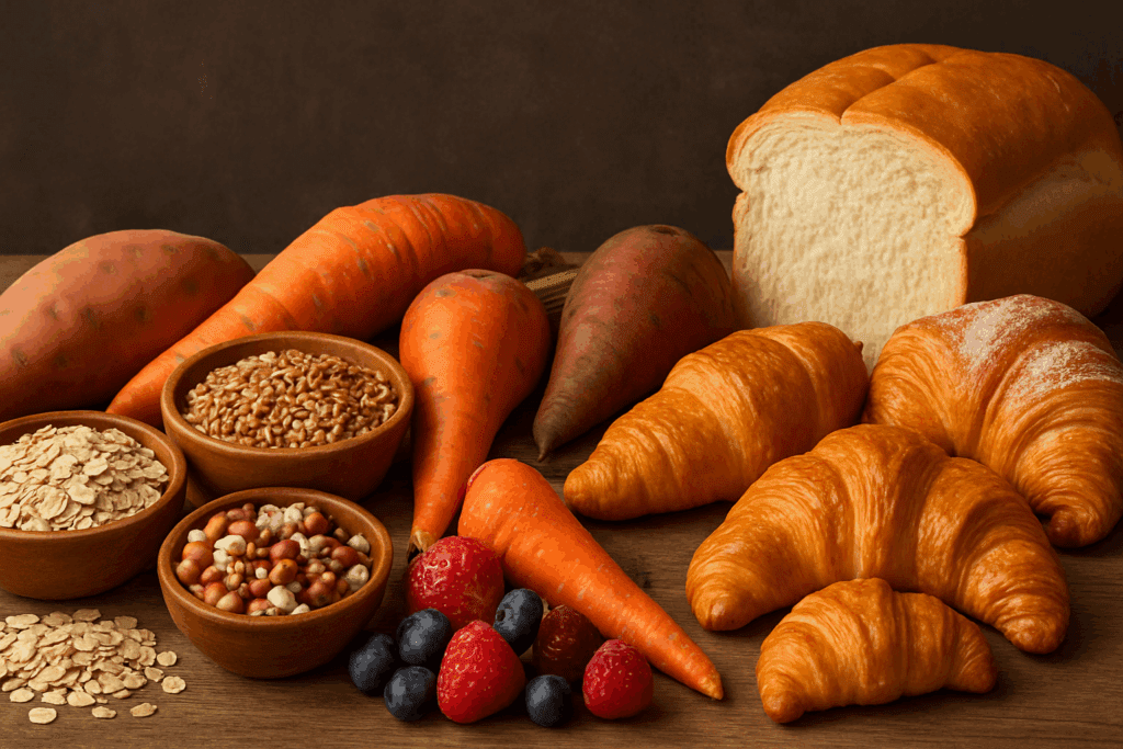 Colorful spread of quinoa, lentils, fruits, and grilled chicken showing what can you eat on a carb diet for better health.