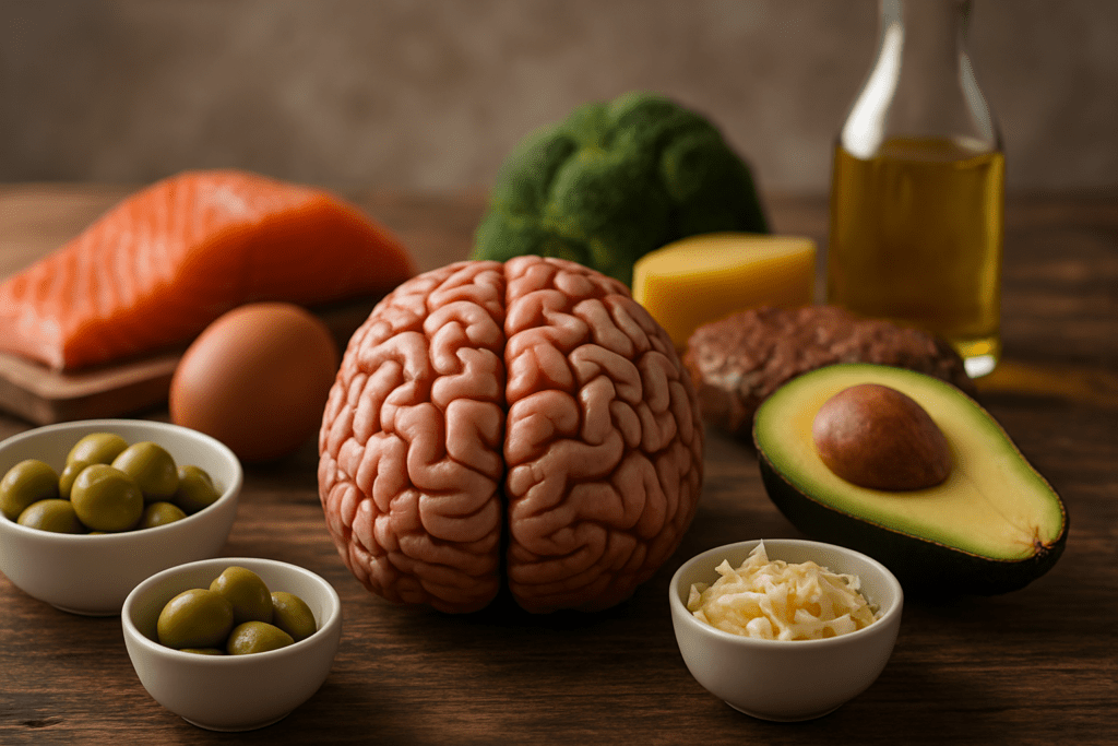 A high-resolution photo shows a realistic brain model placed on a rustic table surrounded by ketogenic foods like salmon, avocado, egg, olives, cheese, and oil. The soft natural light and warm tones visually connect a keto diet with enhanced brain health and cognitive function.