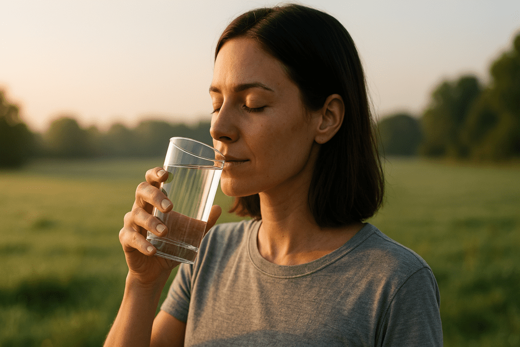A young woman stands peacefully in an open grassy field during early morning, holding a glass of water as soft natural light highlights her calm expression and healthy complexion. This photorealistic image evokes themes of brain health and hydration, with morning sunlight symbolizing mental clarity and the body’s reliance on glucose and water for optimal cognitive function.