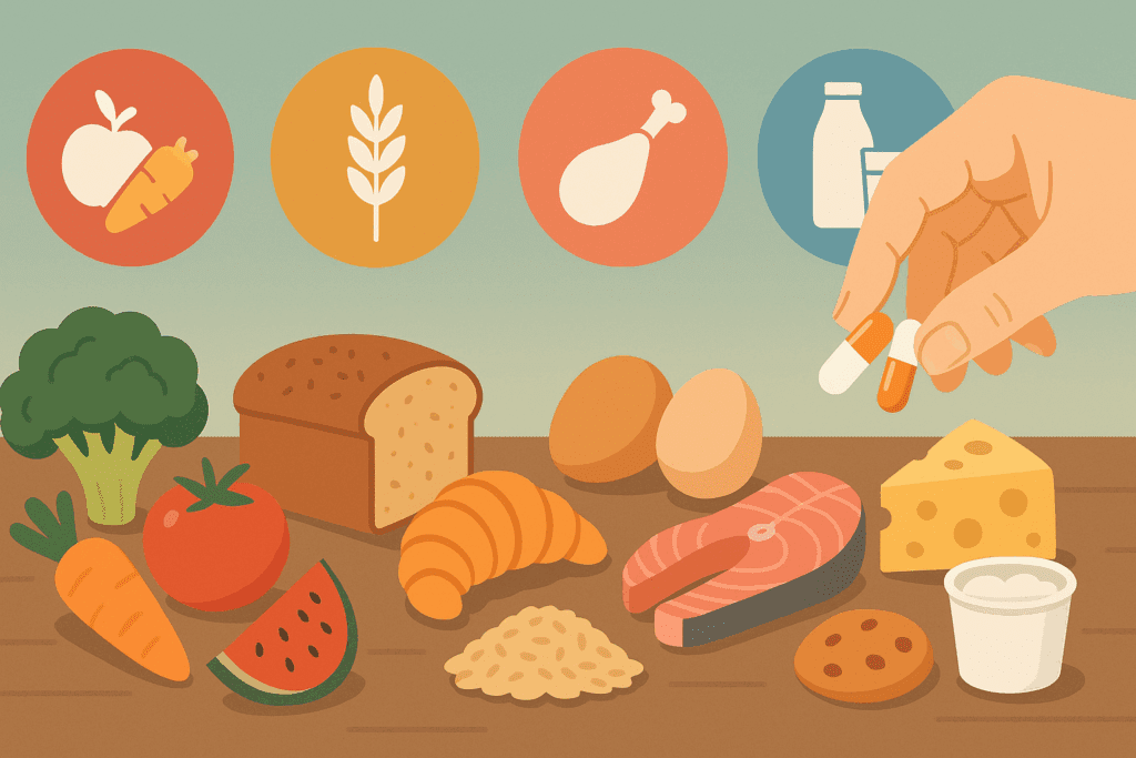 Visual chart of colorful healthy foods representing Recommended Dietary Allowances for optimal dietary intake and wellness