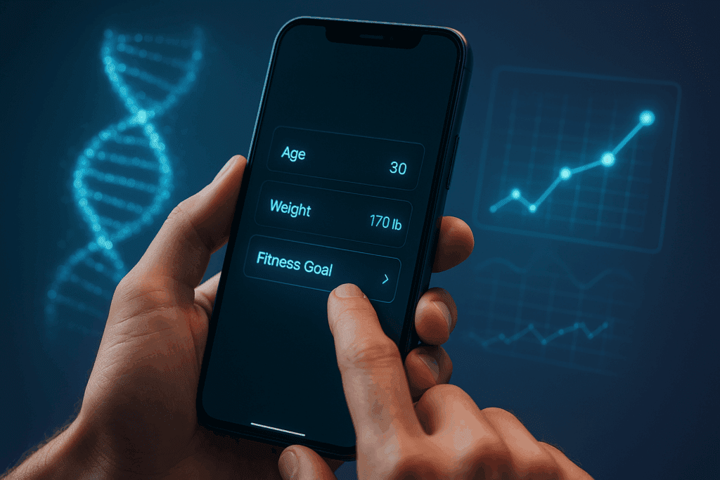 Athlete tracking progress using a protein calculator for weight loss and muscle gain with digital health and muscle-building metrics

