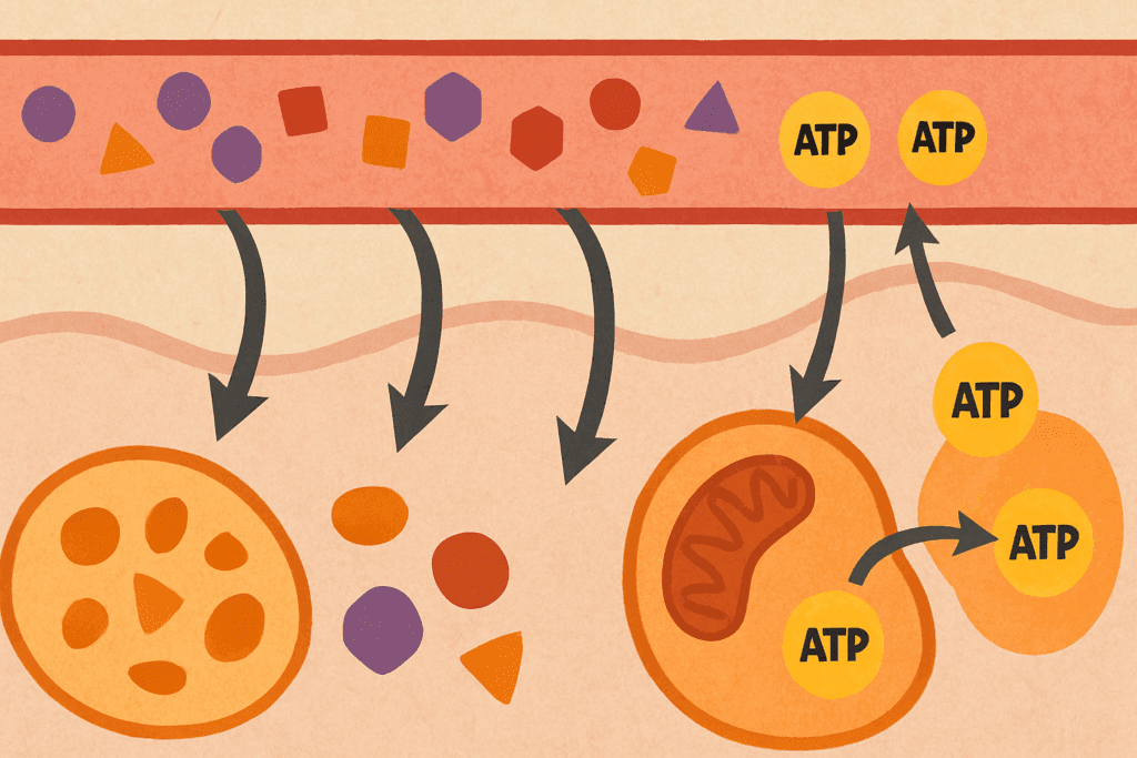 Visual of amino acids fueling ATP production in cells, demonstrating how protein and energy are connected during metabolic processes.