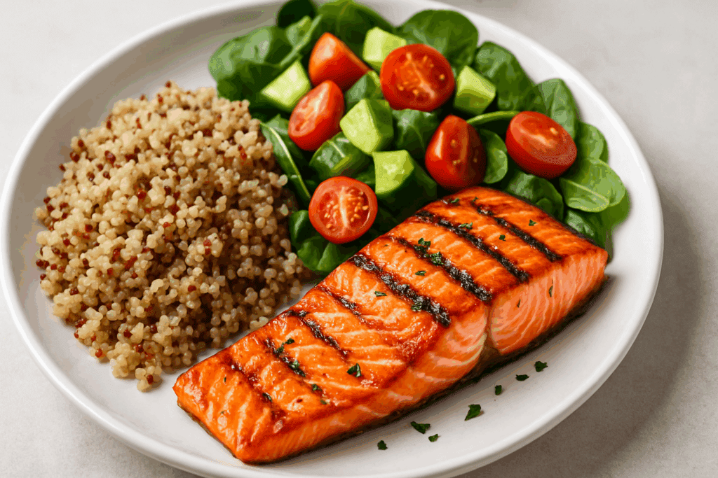 Balanced meal plate with avocado, salmon, quinoa, and vegetables highlighting obtaining the food necessary for health and growth.