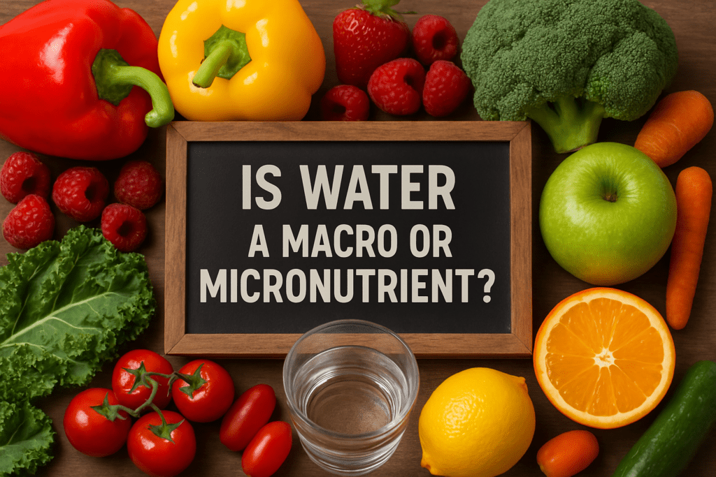 This high-quality image features an array of fresh produce surrounding a rectangular chalkboard, which boldly asks, "IS WATER A MACRO OR MICRONUTRIENT?" in chalky white letters. The fruits and vegetables—ranging from vibrant bell peppers and cucumbers to juicy oranges and strawberries—are carefully arranged around the chalkboard, with a glass of water positioned centrally, atop a warm wooden surface.