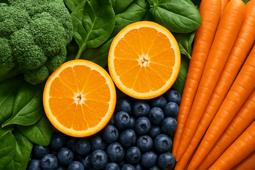 Healthy meal with salmon, leafy greens, berries, and nuts representing why is it important to eat your nutrients for wellness.

