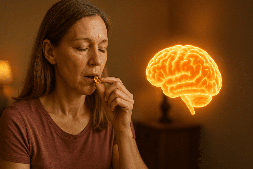 A photograph captures a middle-aged Caucasian woman in a softly lit room, holding a golden keto supplement capsule near her mouth with a glowing brain illustration behind her. The warm indoor ambient lighting enhances the scene’s focus on cognitive health and the mental effects of ketosis.