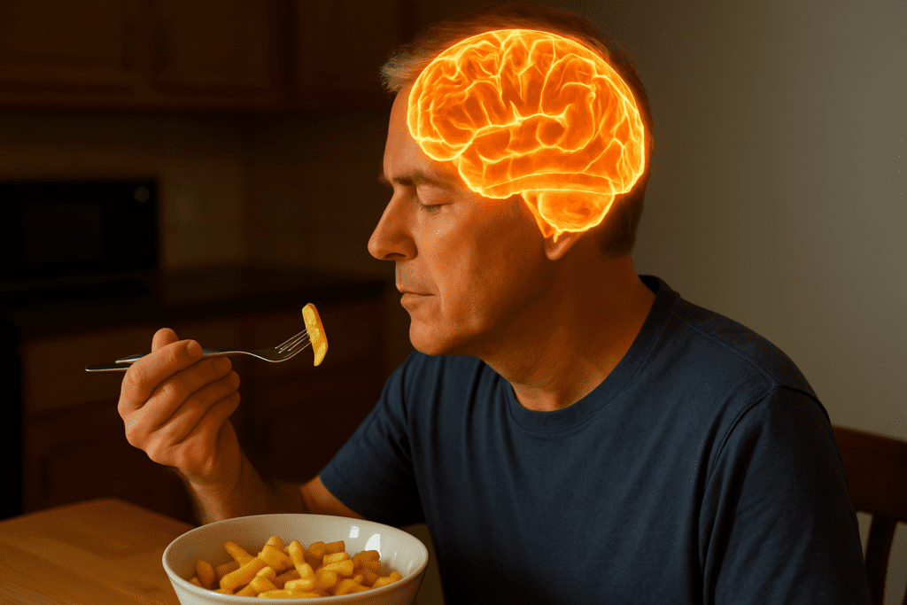 A middle-aged man with short gray hair sits at a wooden table in a warmly lit kitchen, eating a bowl of pasta under soft ambient lighting. The cozy indoor setting and his focused expression symbolize how glucose-rich foods fuel cognitive performance, visually reinforcing the connection between nutrition and brain health.