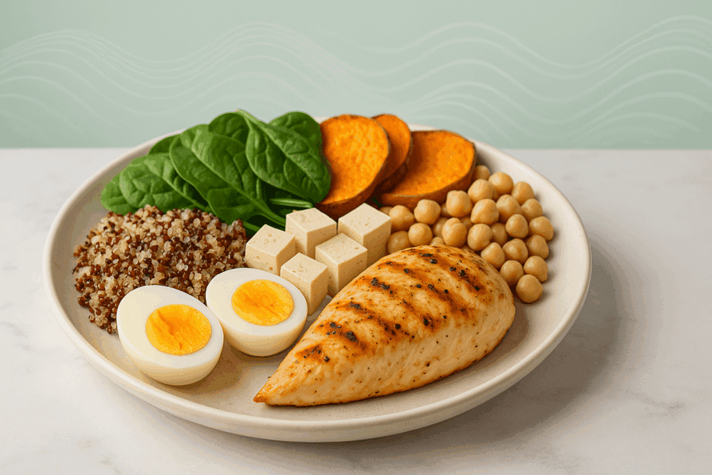 Balanced meal plate with proteins and complex carbs representing how protein and energy are connected for blood sugar stability.