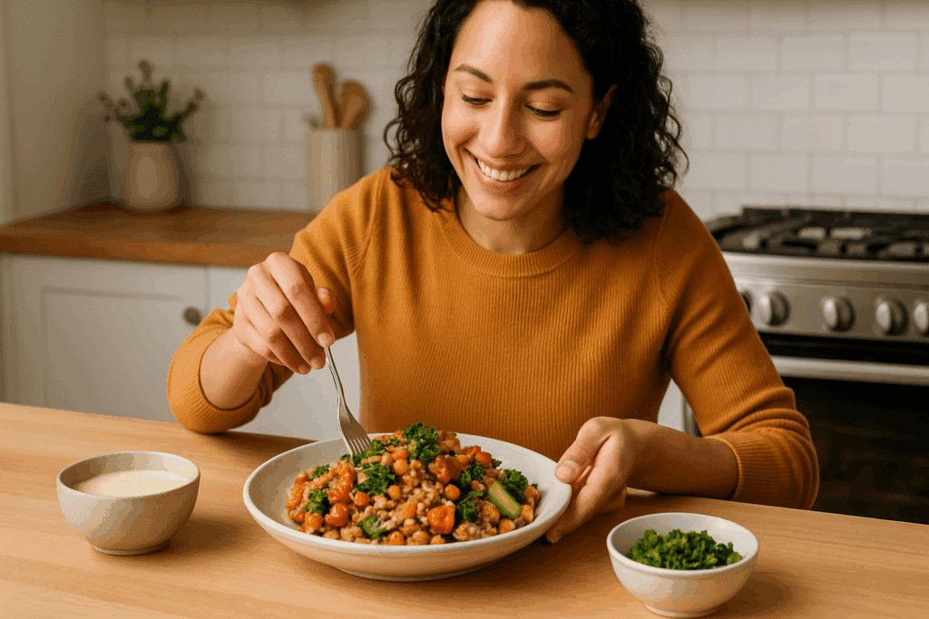 Home chef preparing a macronutrient-balanced meal, showing how to use the word "macronutrient" in a sentence in cooking contexts.