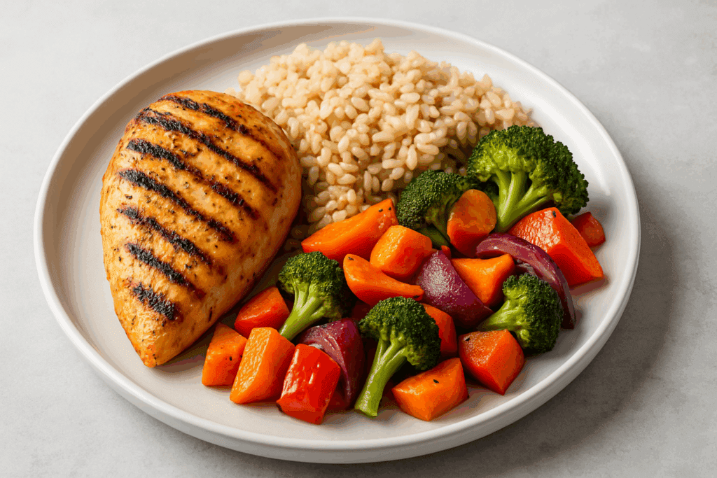Balanced meal of wild rice, roasted vegetables, and turkey highlighting what can you eat on a carb diet daily.