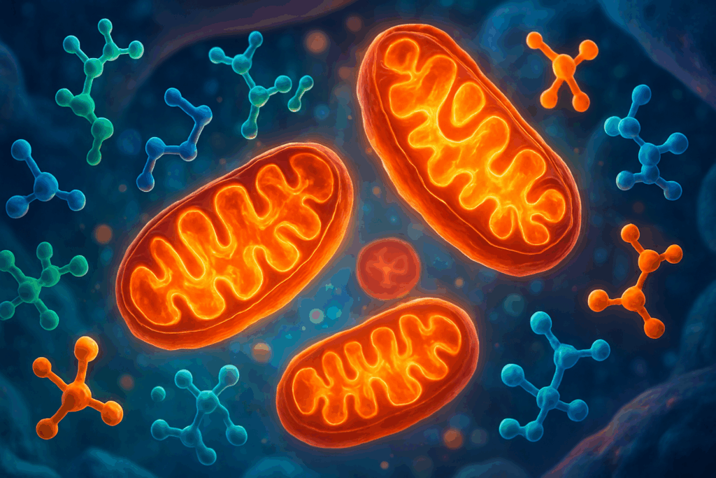 Mitochondria glowing inside a healthy cell powered by amino acids, emphasizing how protein and energy are connected at the cellular level.