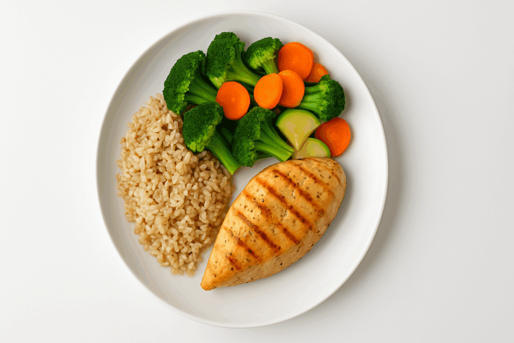 Healthy selection of macronutrient and micronutrient-rich foods focused on obtaining the food necessary for health and growth.