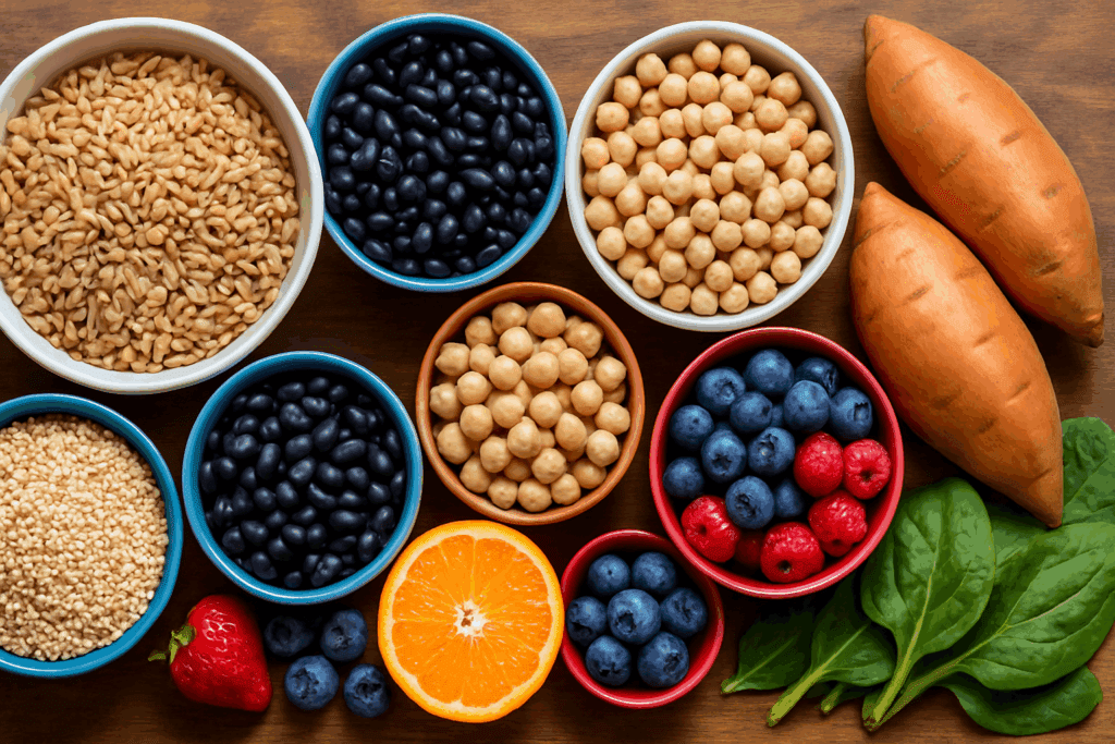 Fresh produce, legumes, and lean meat arranged to represent what can you eat on a carb diet for sustained energy.