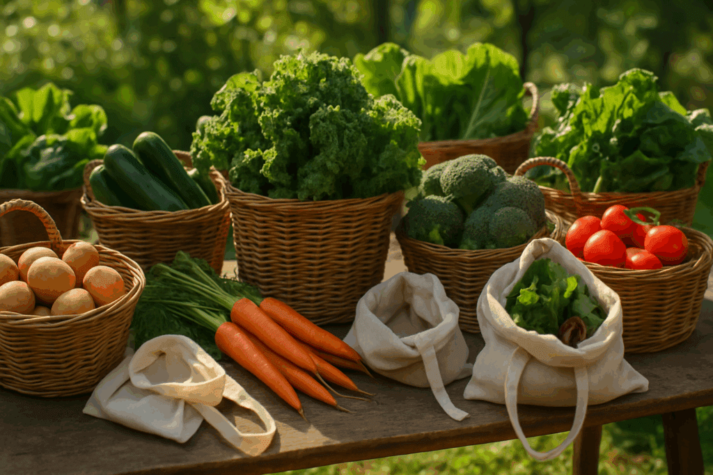 Top view of a balanced diet featuring lean proteins, leafy greens, and whole grains for obtaining the food necessary for health and growth.

