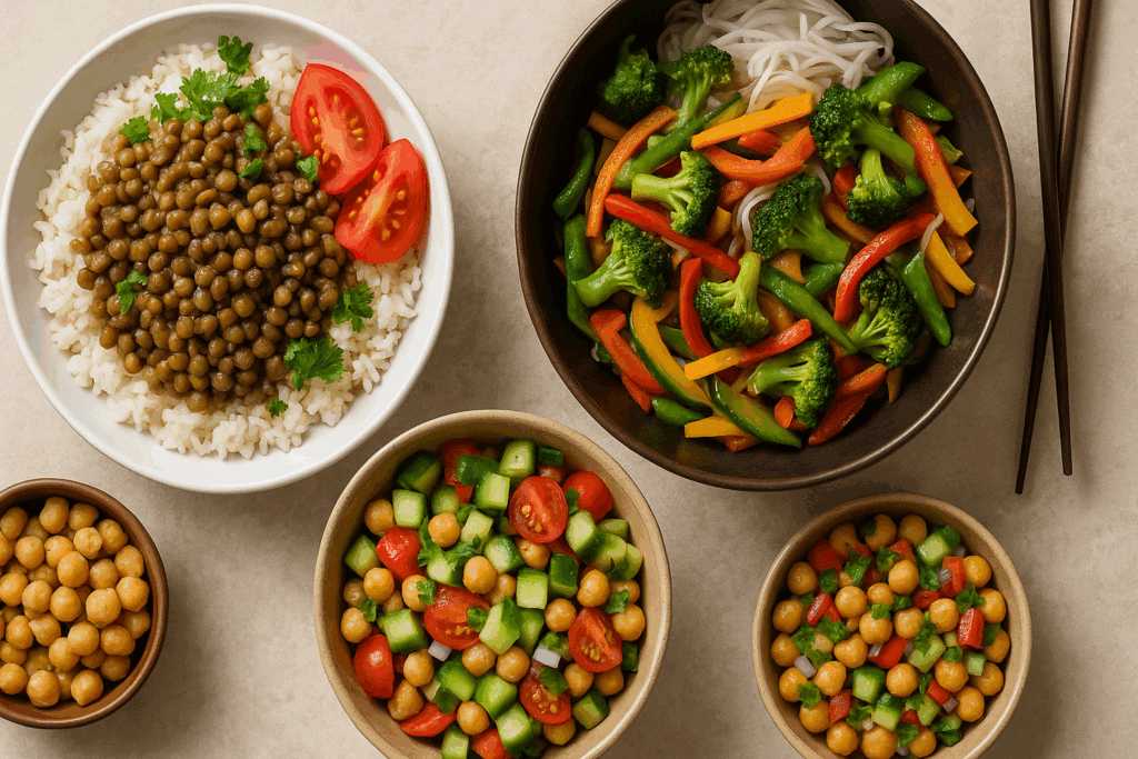 Cultural dishes featuring rice, beans, and lean meats visualizing global ideas of what can you eat on a carb diet.