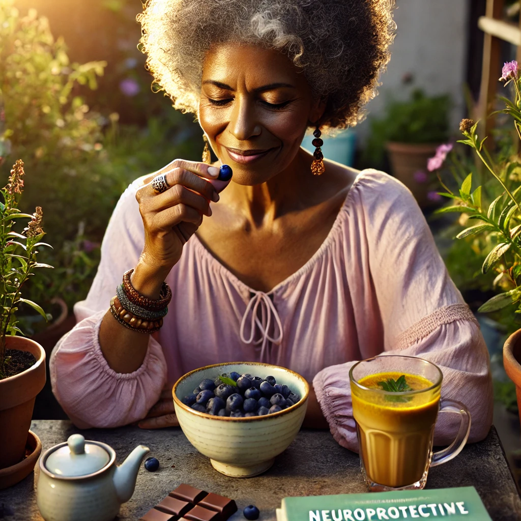 An elderly woman enjoys polyphenol-rich foods like berries and green tea in a garden, reflecting the powerful role of antioxidants in cognitive longevity.