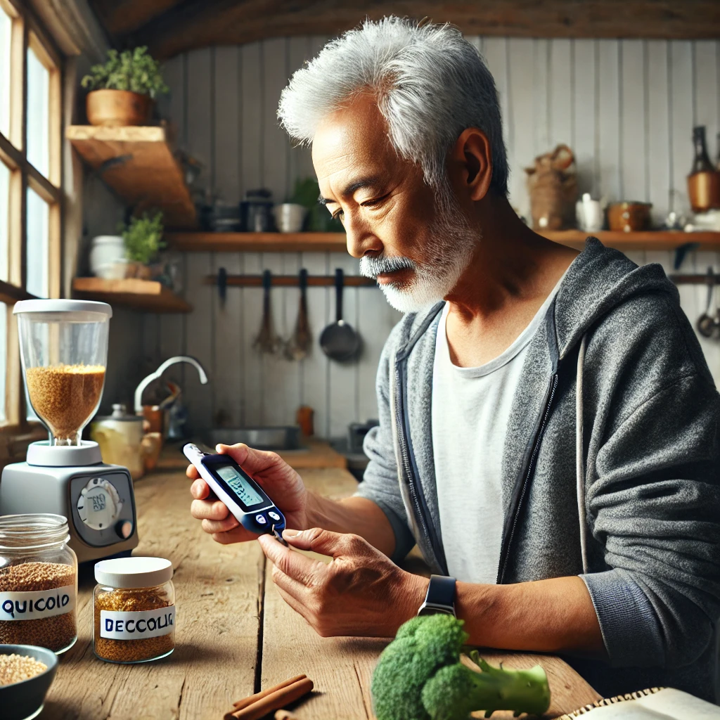A man in his 70s monitors blood sugar levels with a nutritious spread nearby, emphasizing how glycemic balance supports long-term brain function.