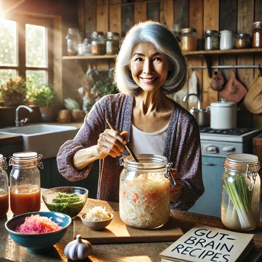 An older woman prepares gut-healthy fermented foods in her kitchen, showcasing how microbiome nutrition supports cognitive resilience through the gut-brain axis.
