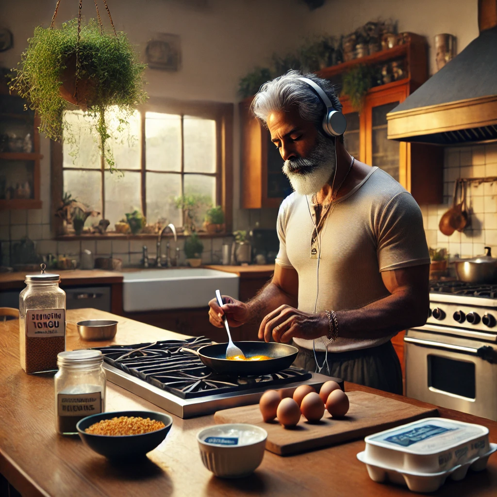 A senior man prepares a protein-rich breakfast in a cozy kitchen, demonstrating how amino acids support neurotransmitters for focus and mental clarity.