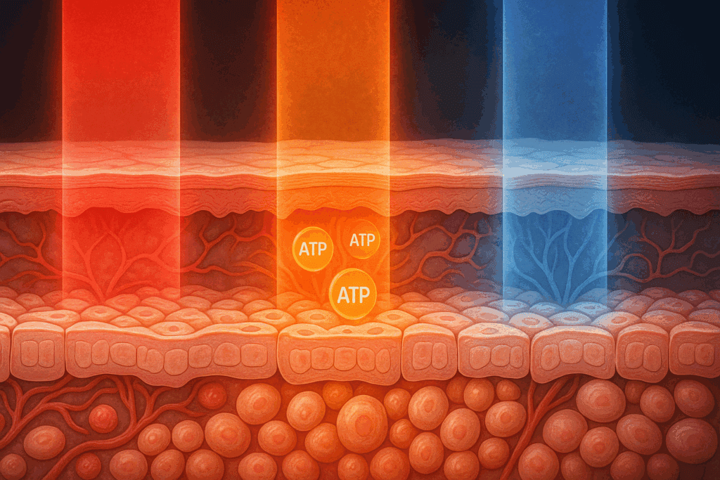 Cross-sectional artistic visualization of skin layers being energized by red, blue, and near-infrared light waves, demonstrating the action of the best professional LED light therapy machine.