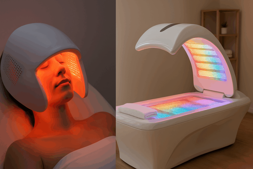 Portable facial device and full-body spa bed glowing with multicolor lights, showcasing the best professional LED light therapy machine in use.