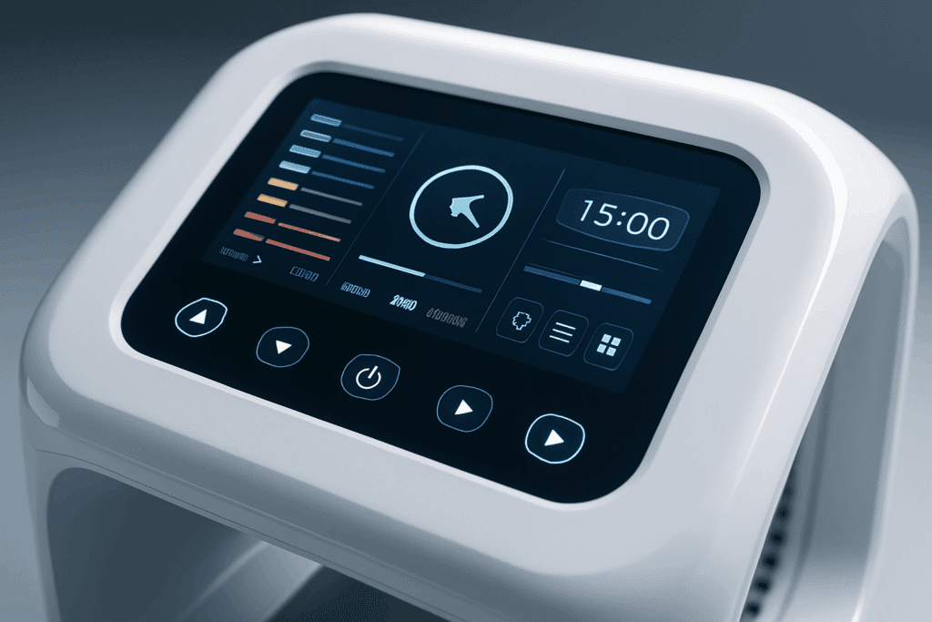 Close-up of the control panel on the best professional LED light therapy machine showing multiple settings and wavelength options in a clean, futuristic design