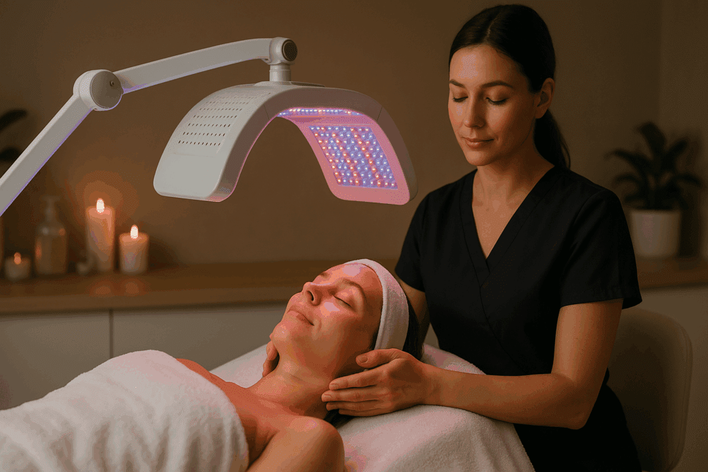 Esthetician using the best professional LED light therapy machine during a soothing skincare treatment with red and blue lights in a spa setting