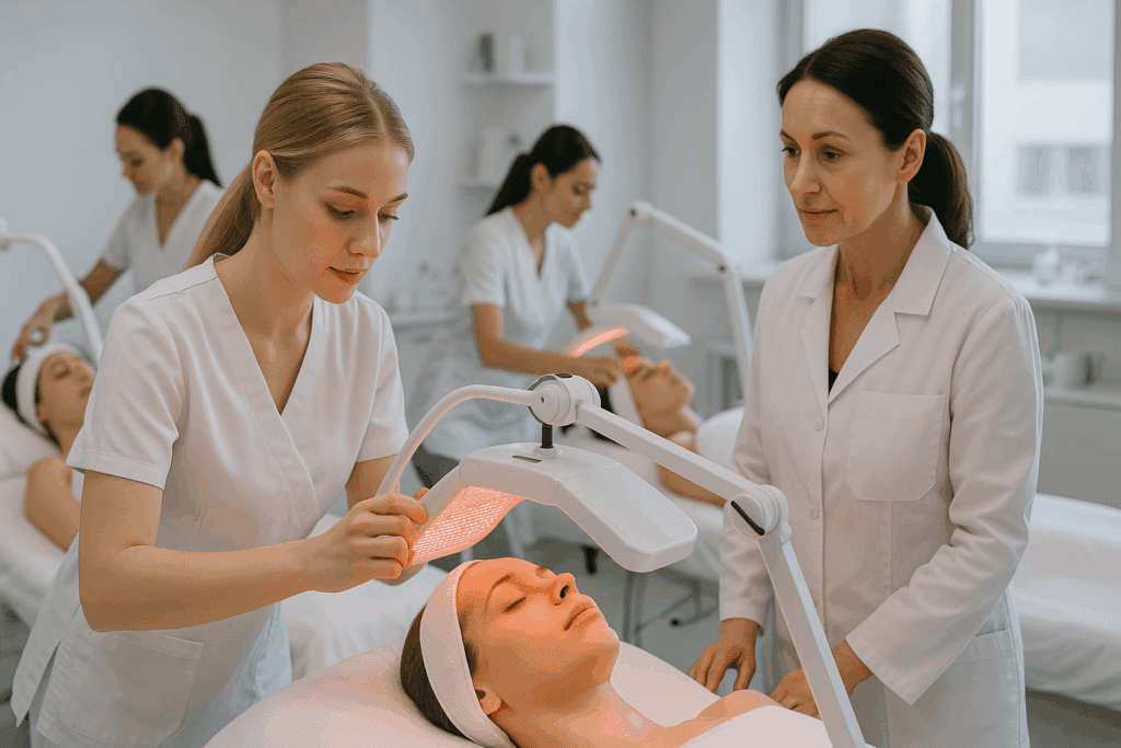 Estheticians practicing LED facial treatments on live models using the best professional LED light therapy machine in a clinical training environment
