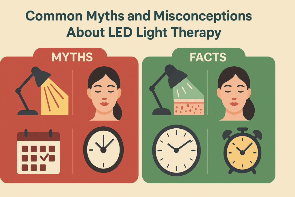 Infographic comparing myths and facts about the best professional LED light therapy machine, with icons of lamps, skin layers, clocks, and calendars