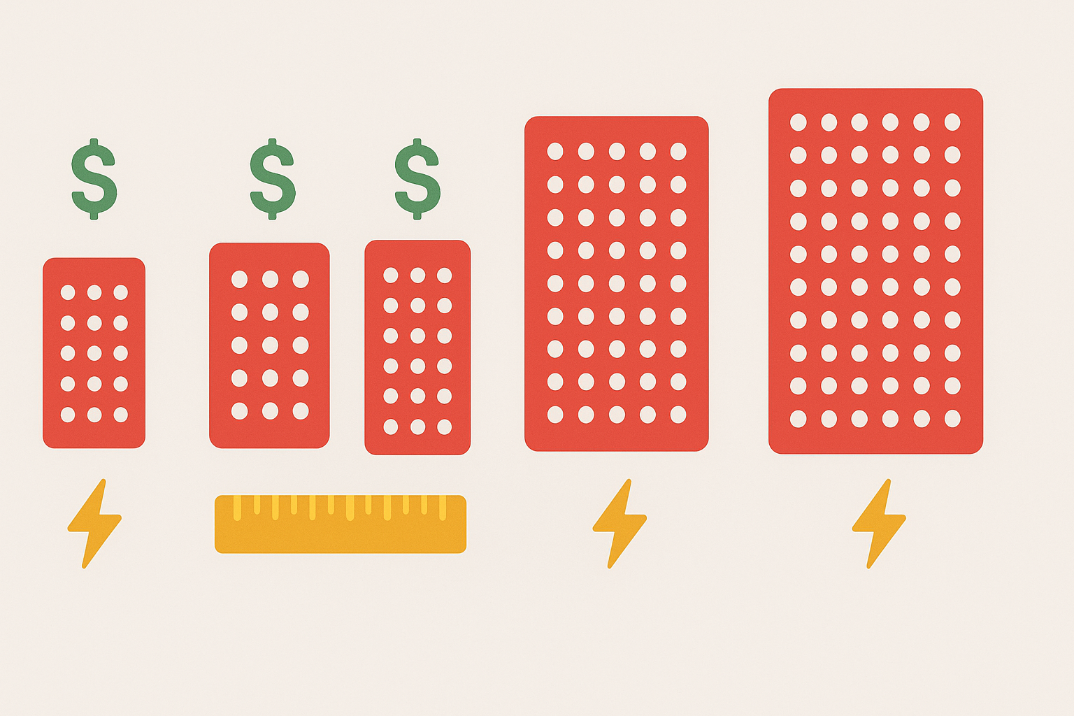Minimalist infographic comparing red light therapy panels by cost, size, and irradiance level for red light panel reviews