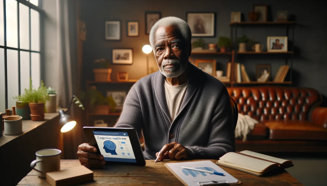 Elderly Black man in home study reflecting on cognitive health, surrounded by books and warm morning light, highlighting early memory loss and brain support strategies.
