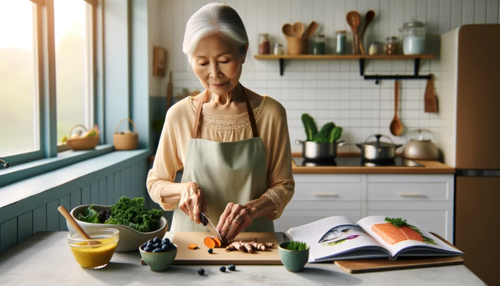 East Asian woman preparing anti-inflammatory brain foods like turmeric and salmon in sunlit kitchen to support cognitive clarity and reduce oxidative stress.