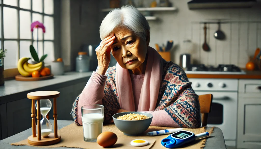 Elderly woman managing glucose intake with nutrient-rich breakfast, highlighting how blood sugar balance supports cognition and behavior in aging.