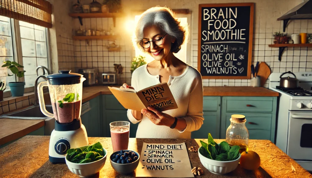 Latina woman preparing MIND diet ingredients in glowing kitchen, symbolizing how daily nutrition choices empower long-term brain resilience and clarity.
