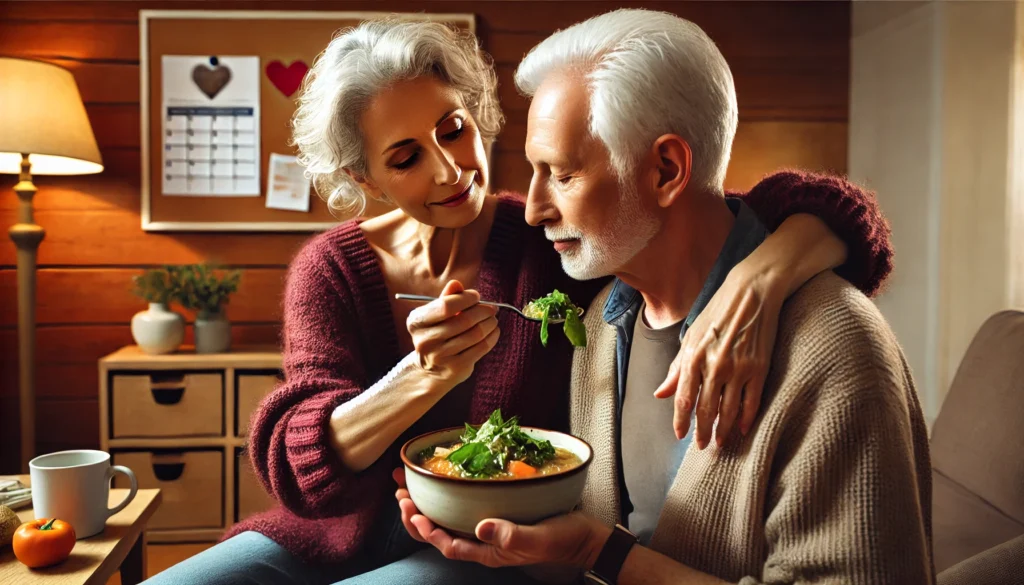 Compassionate caregiver assisting senior with nutritious soup, reflecting the role of caregivers in supporting brain health and emotional stability.