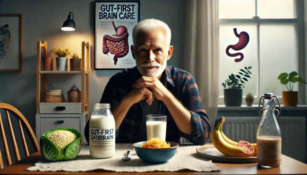 Older man enjoying kefir and fermented foods in a cozy room, symbolizing gut-brain axis benefits for cognitive function and emotional regulation.