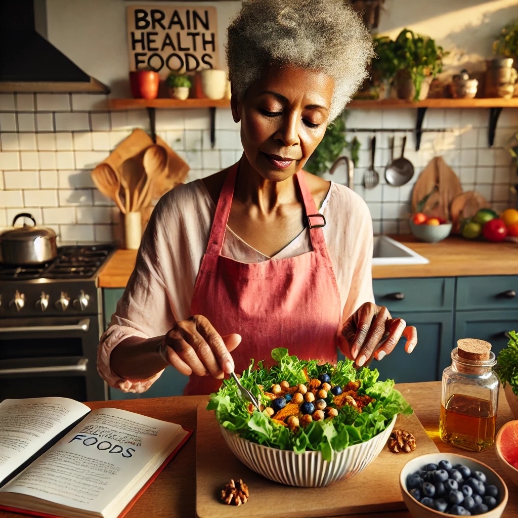 A woman prepares an anti-inflammatory meal with colorful whole foods that reduce neuroinflammation and support cognitive health in aging.