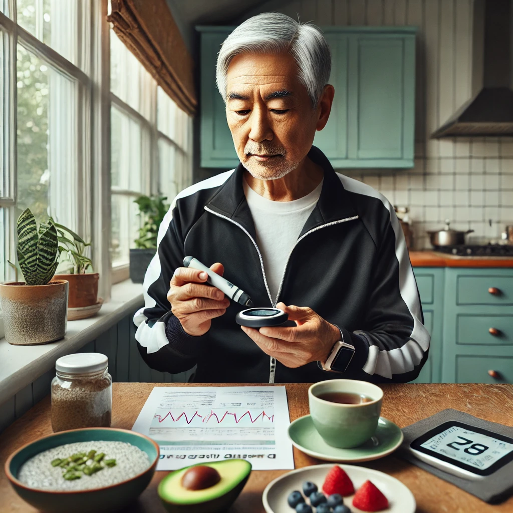 An elderly man measures blood sugar levels while eating a low-glycemic meal, illustrating how insulin resistance contributes to cognitive decline and dementia.