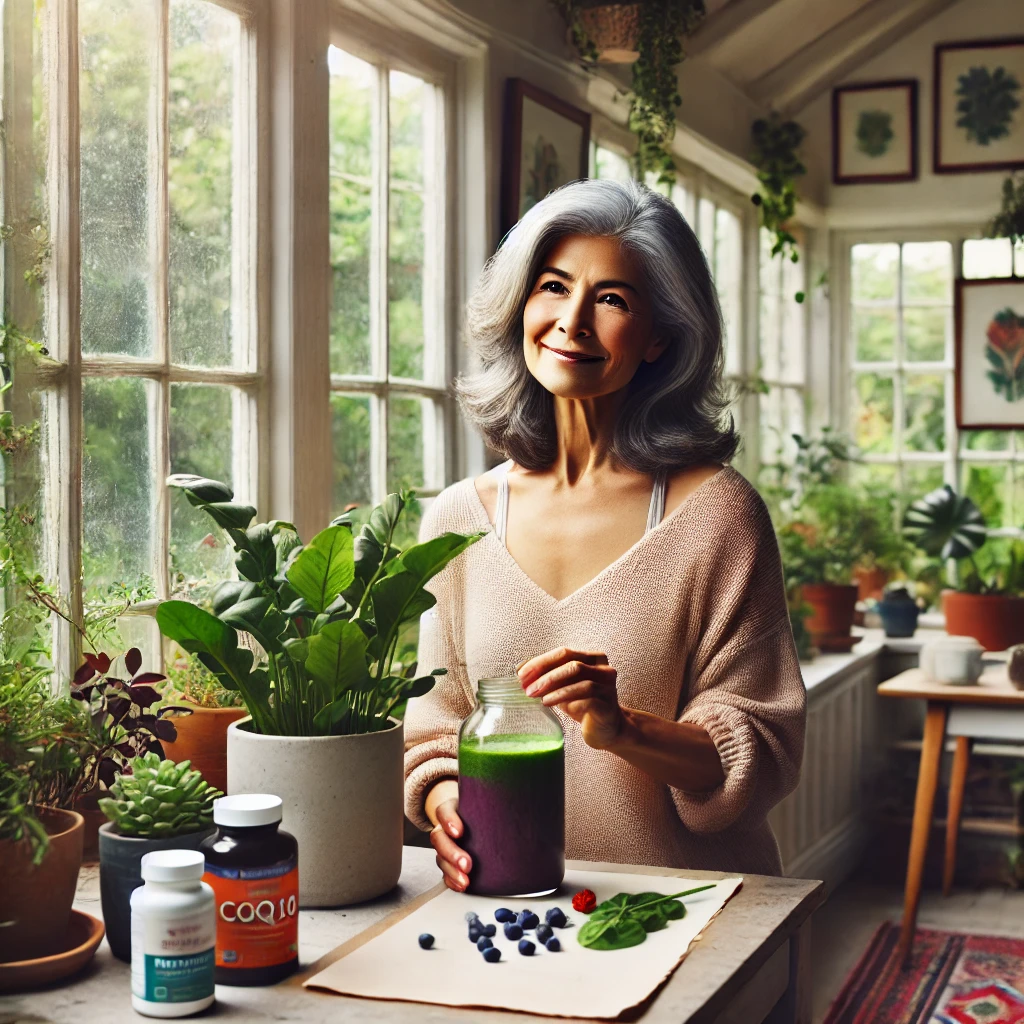 A woman enjoys a nutrient-rich morning routine that combats oxidative stress and supports mitochondrial function for improved brain vitality.